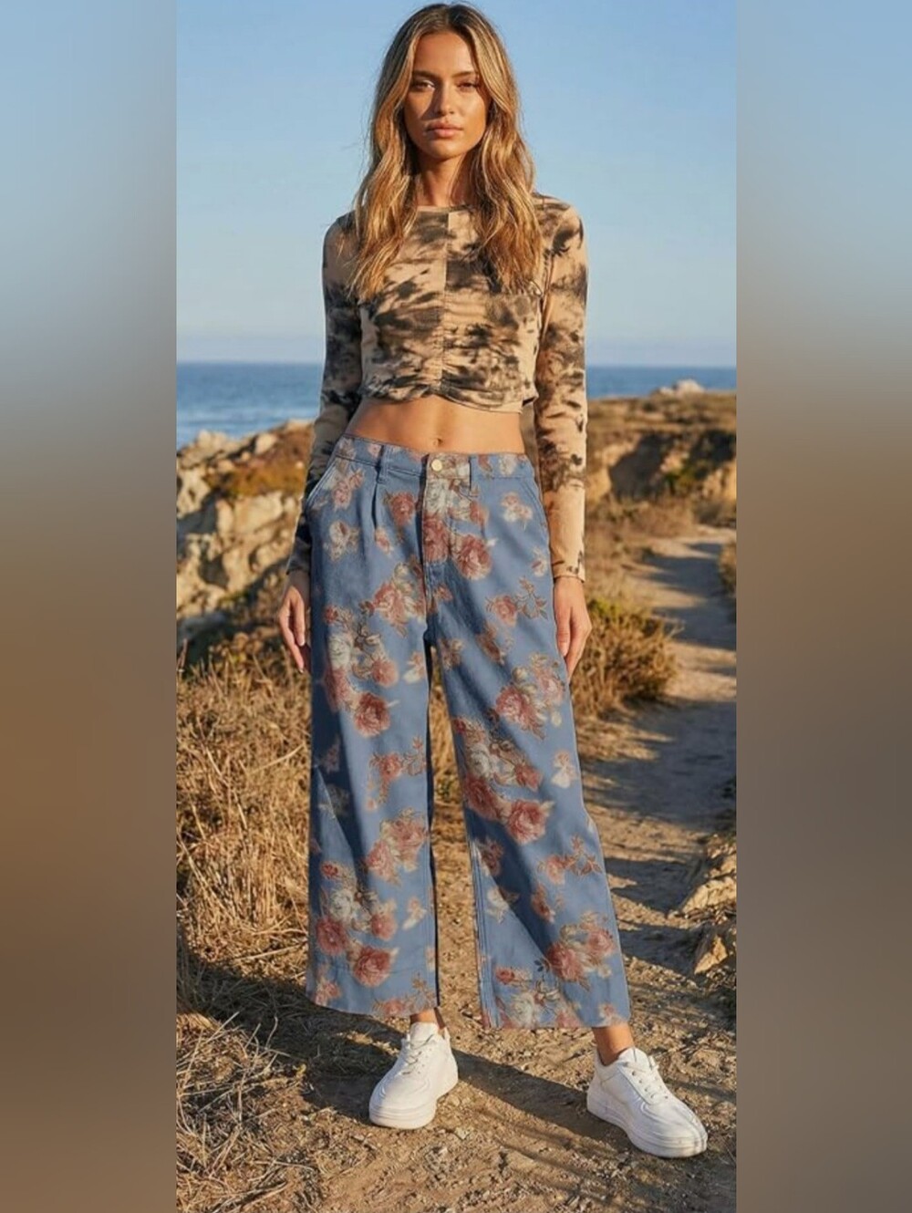 Loveimgs Mid Rise Cropped Wide-Leg Baggy Floral Ankle Jeans Size Large NWT - Picture 3 of 12